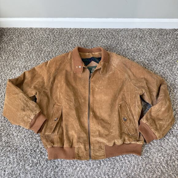 VTG Orvis Leather Suede Jacket L Brown Flannel Lined Preppy Full Zip Mens 90s - Picture 1 of 6
